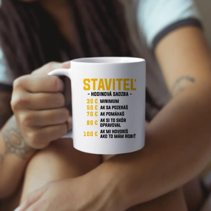 Staviteľ - hodinová sadzba - keramický hrnček s potlačou