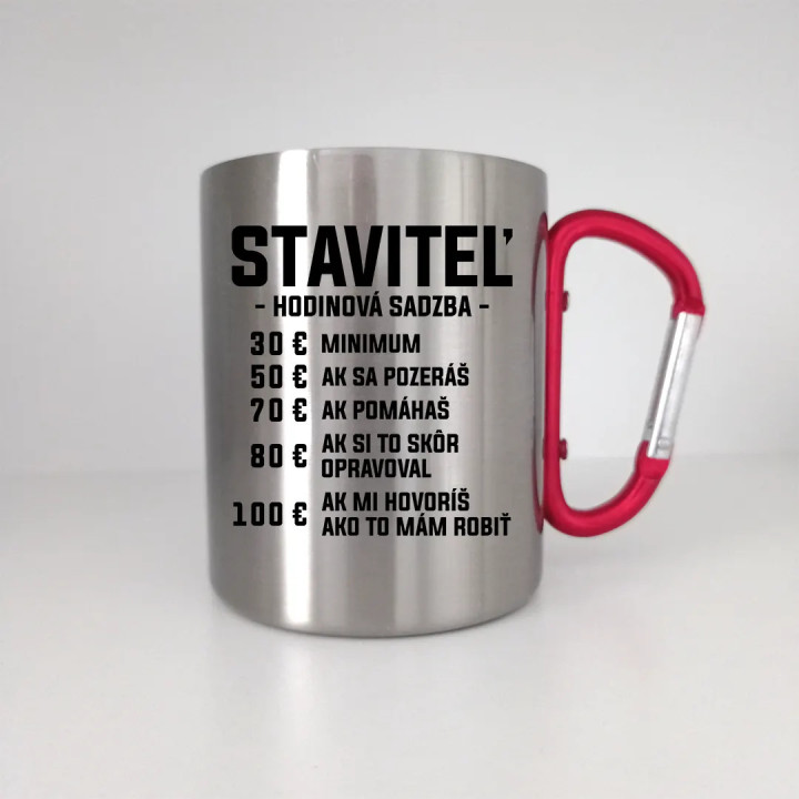 Staviteľ - hodinová sadzba - kovový hrnček s karabínkou