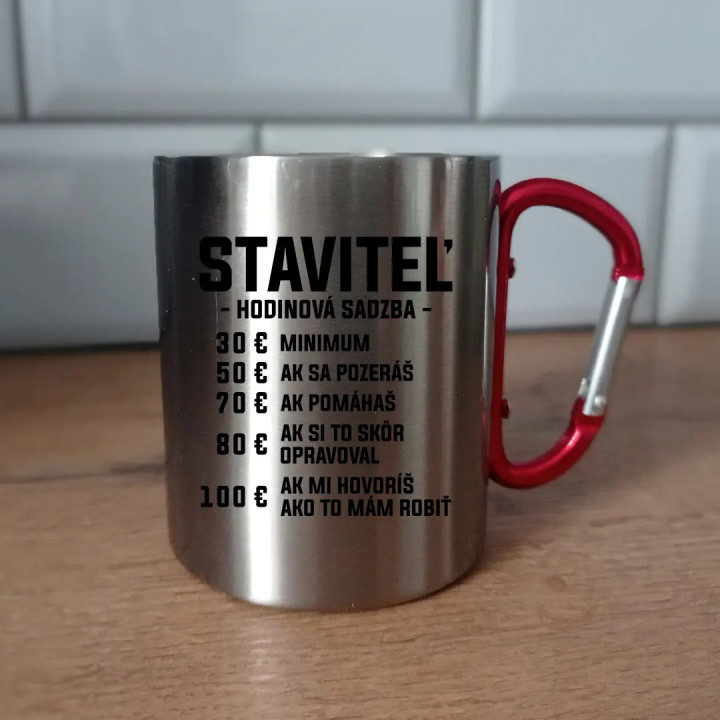 Staviteľ - hodinová sadzba - kovový hrnček s karabínkou