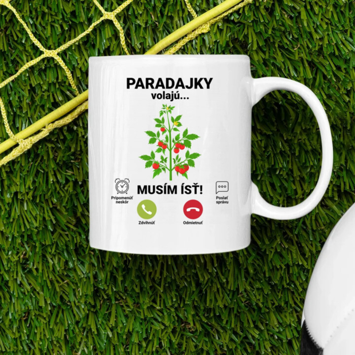 Paradajky volajú, musím ísť - keramický hrnček s potlačou
