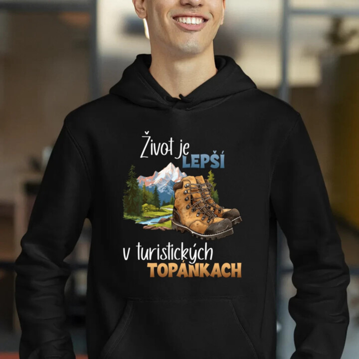 Život je lepší v turistických topánkach  - pánska mikina s potlačou