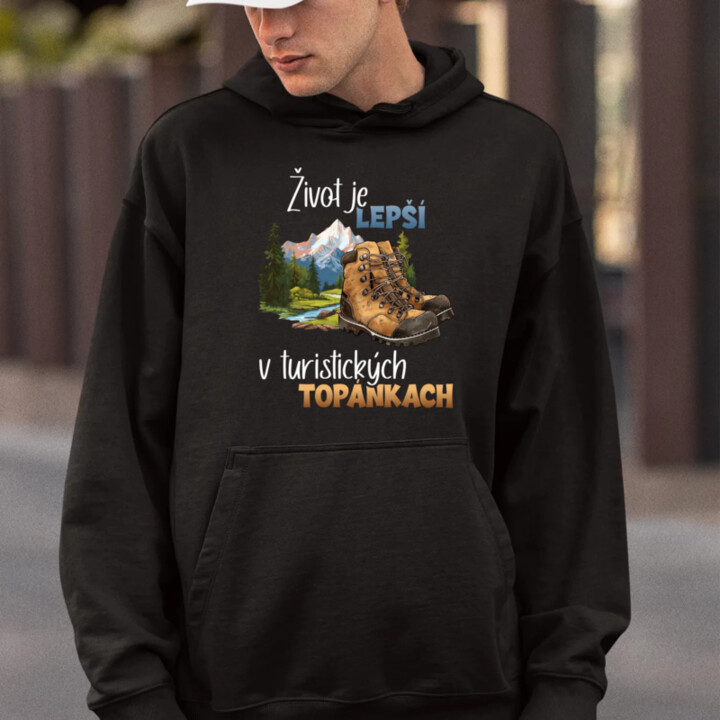 Život je lepší v turistických topánkach  - pánska mikina s potlačou