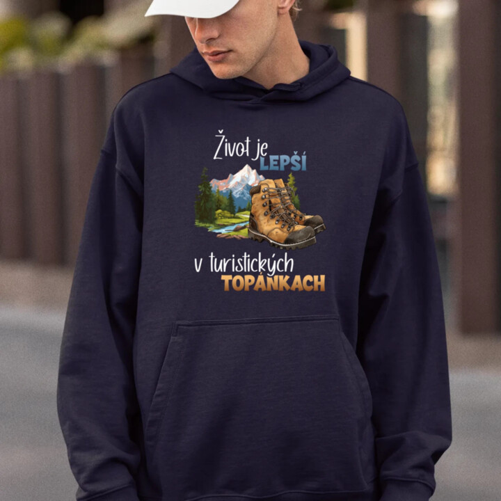 Život je lepší v turistických topánkach  - pánska mikina s potlačou