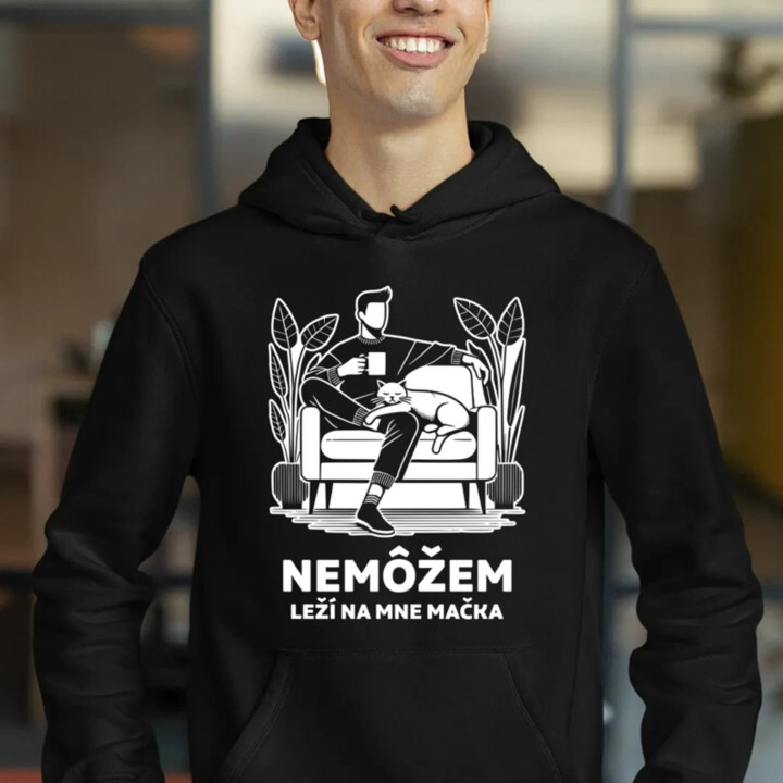 Nemôžem, leží na mne mačka  - pánska mikina s potlačou