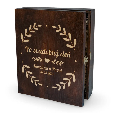 Vo svadobný deň (mená + dátum) – krabica na víno s gravírovanými pohármi - personalizovaný produkt