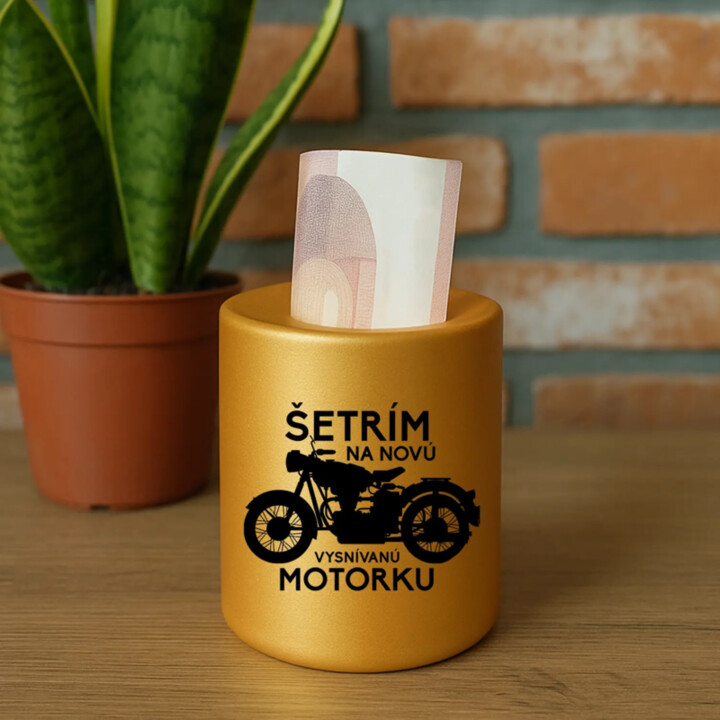 Šetrím na novú vysnívanú motorku - zlatá keramická pokladnička s gravírovaním