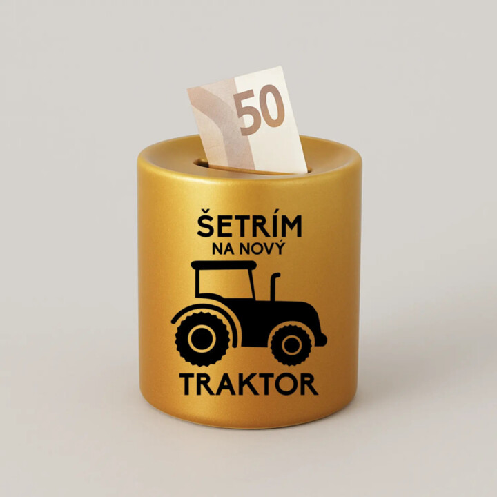 Šetrím na nový traktor - zlatá keramická pokladnička s gravírovaním