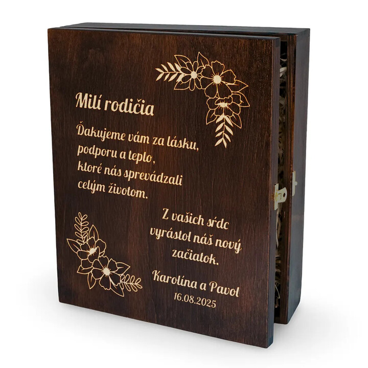 Milí rodičia, ďakujeme vám za lásku - krabica na víno s gravírovanými pohármi - personalizovaný produkt