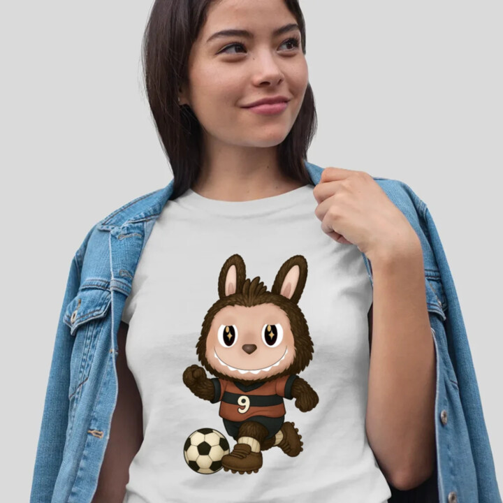 Plyšový Maskot Bubu Futbalista - dámske tričko s potlačou pro fanoušky Labubu