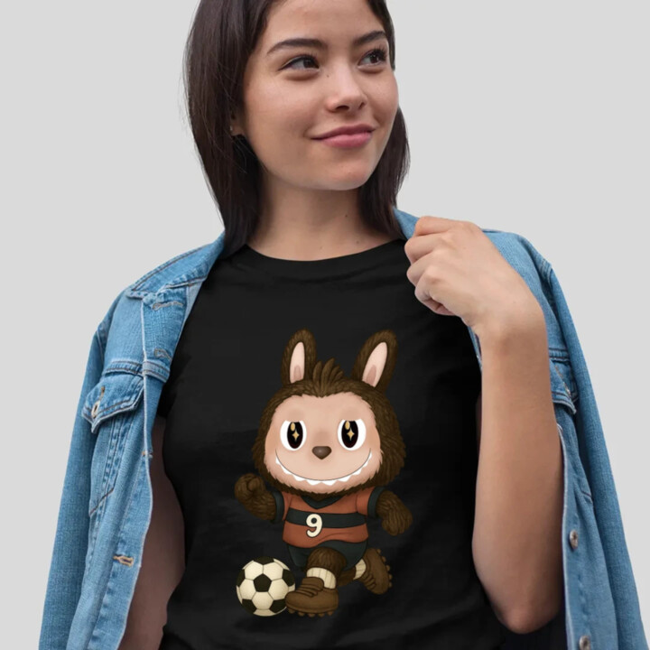 Plyšový Maskot Bubu Futbalista - dámske tričko s potlačou pro fanoušky Labubu
