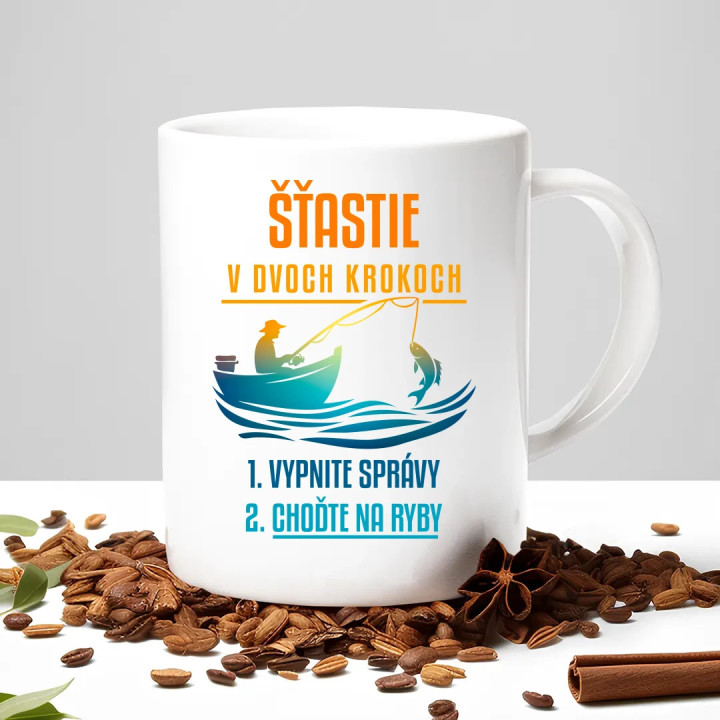 Šťastie v dvoch krokoch - vypnite správy, choďte na ryby - keramický hrnček s potlačou