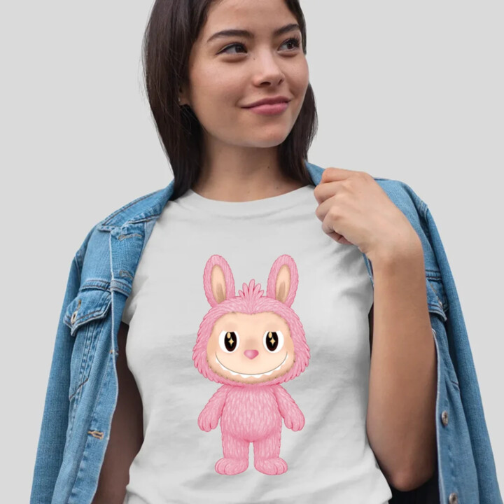 Plyšový Maskot Bubu Ružová - dámske tričko s potlačou pre fanúšikov Labubu