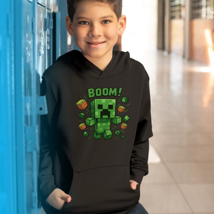 Boom! - detská mikina s kapucňou pre fanúšikov Minecraftu