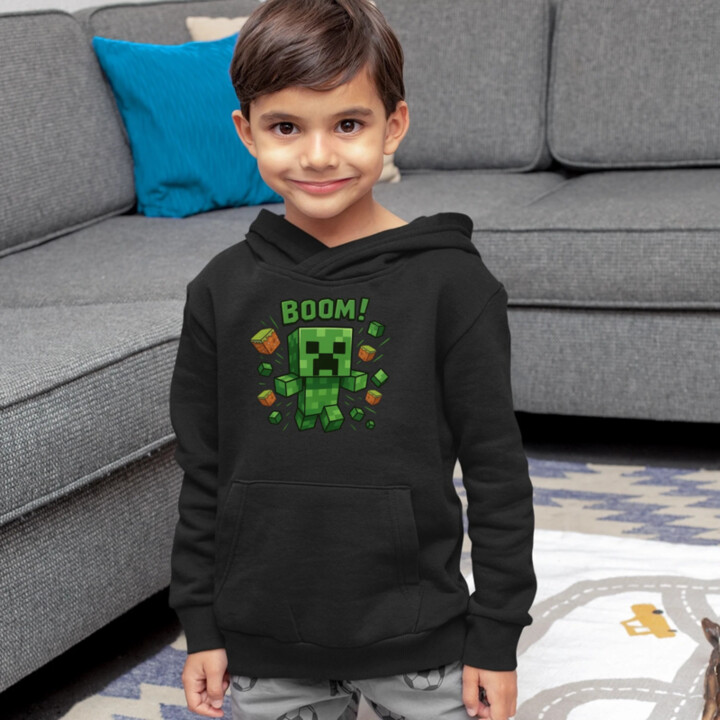 Boom! - detská mikina s kapucňou pre fanúšikov Minecraftu