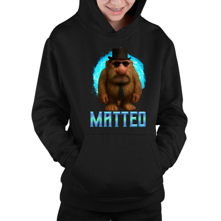 Matteo - Italian Brainrot - trpaslík s okuliarmi - detská mikina s kapucňou MATTEOOOOOOOOOO