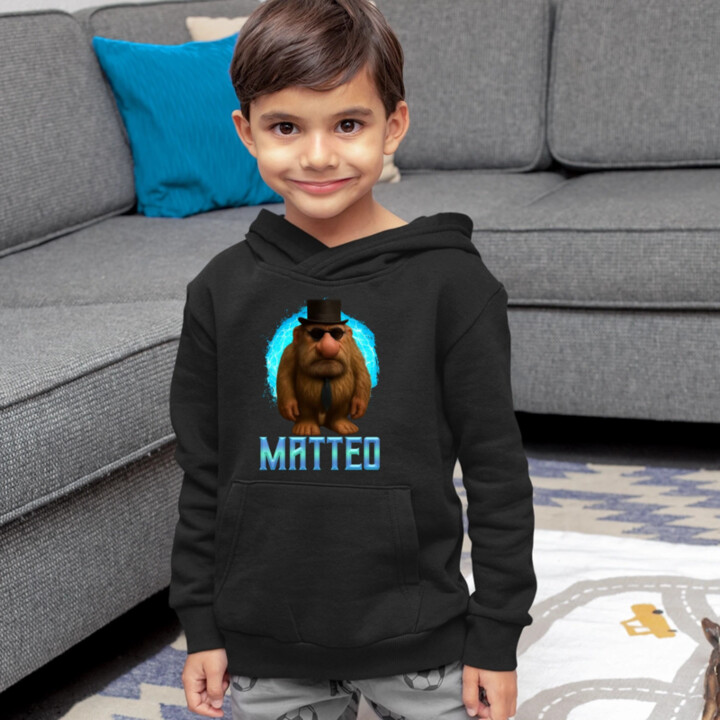 Matteo - Italian Brainrot - trpaslík s okuliarmi - detská mikina s kapucňou MATTEOOOOOOOOOO