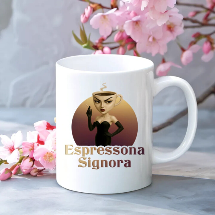 Espressona Signora - Italian Brainrot - žena s kávou - keramický hrnček s potlačou