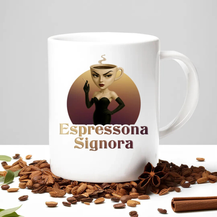 Espressona Signora - Italian Brainrot - žena s kávou - keramický hrnček s potlačou