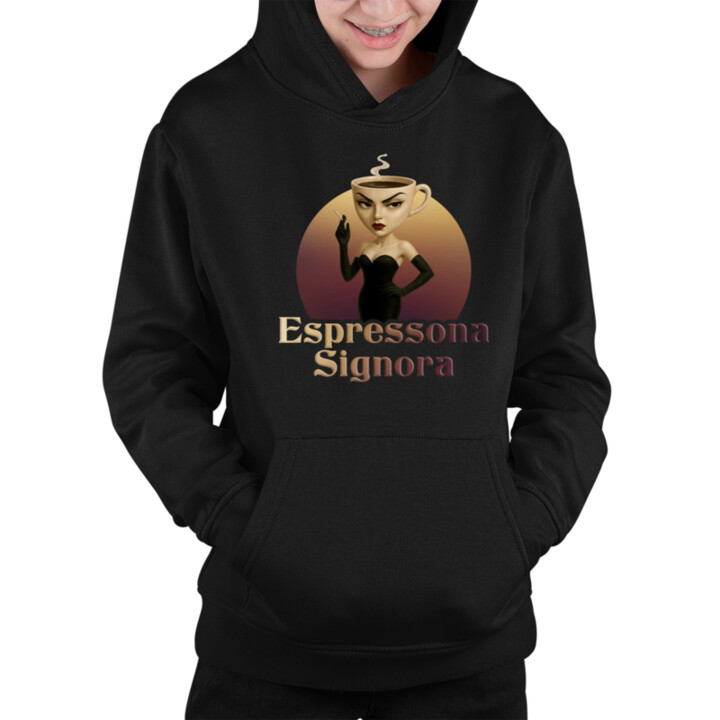 Espressona Signora - Italian Brainrot - žena s kávou - detská mikina s kapucňou