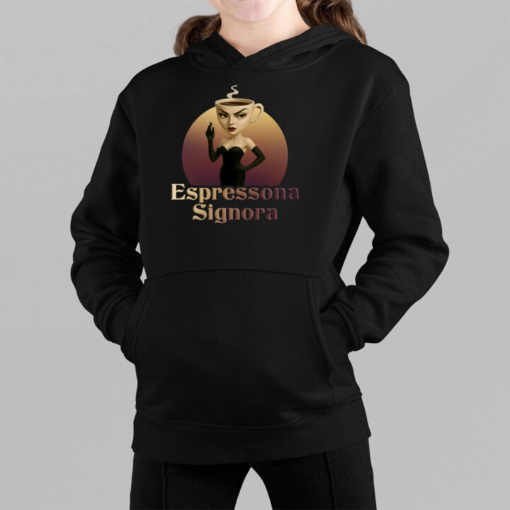Espressona Signora - Italian Brainrot - žena s kávou - detská mikina s kapucňou