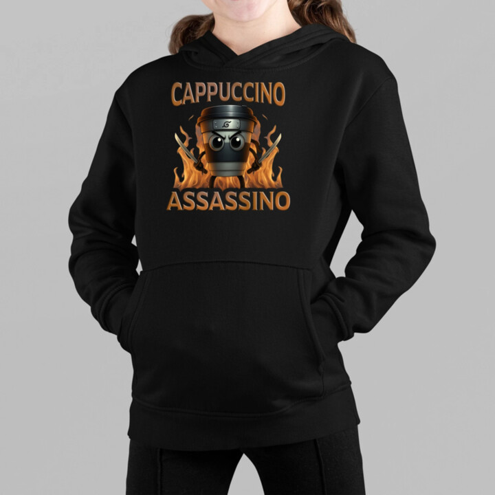 Cappuccino Assassino V3 - Italian Brainrot - hrnček ninja - detská mikina s kapucňou