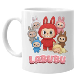Bábiky Bubu – skupina postavičiek - keramický hrnček s potlačou – darček pre fanúšikov Labubu
