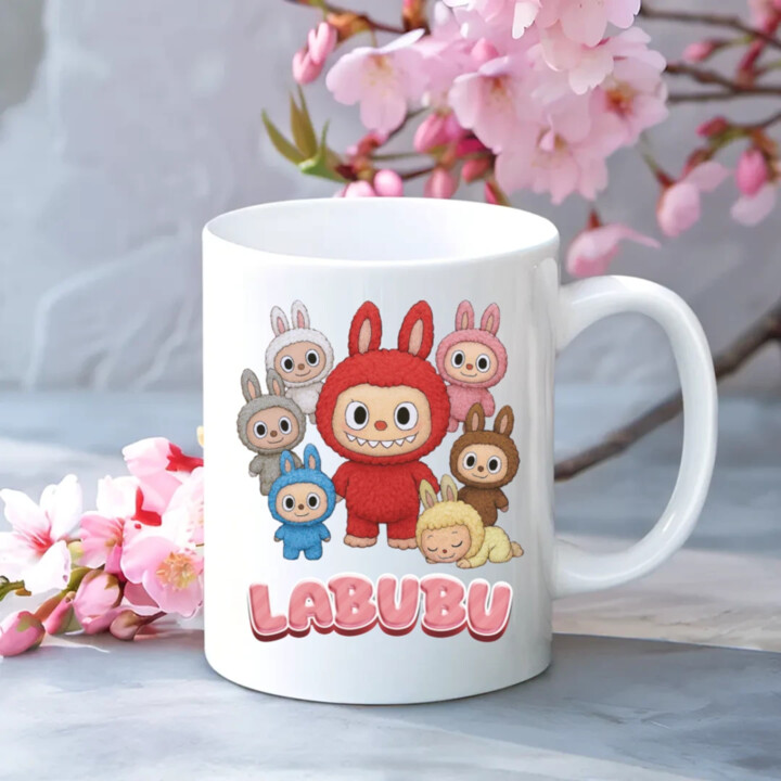 Bábiky Bubu – skupina postavičiek - keramický hrnček s potlačou – darček pre fanúšikov Labubu