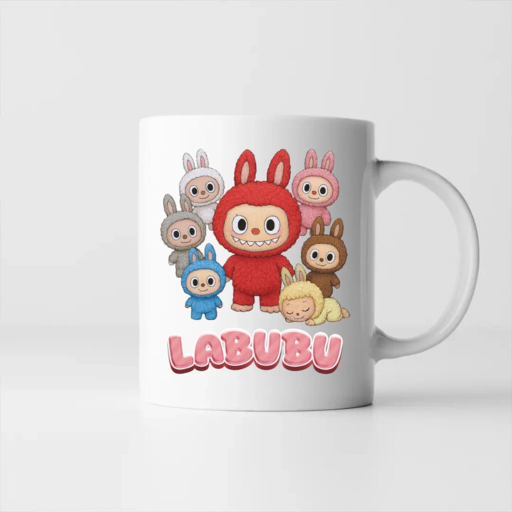 Bábiky Bubu – skupina postavičiek - keramický hrnček s potlačou – darček pre fanúšikov Labubu
