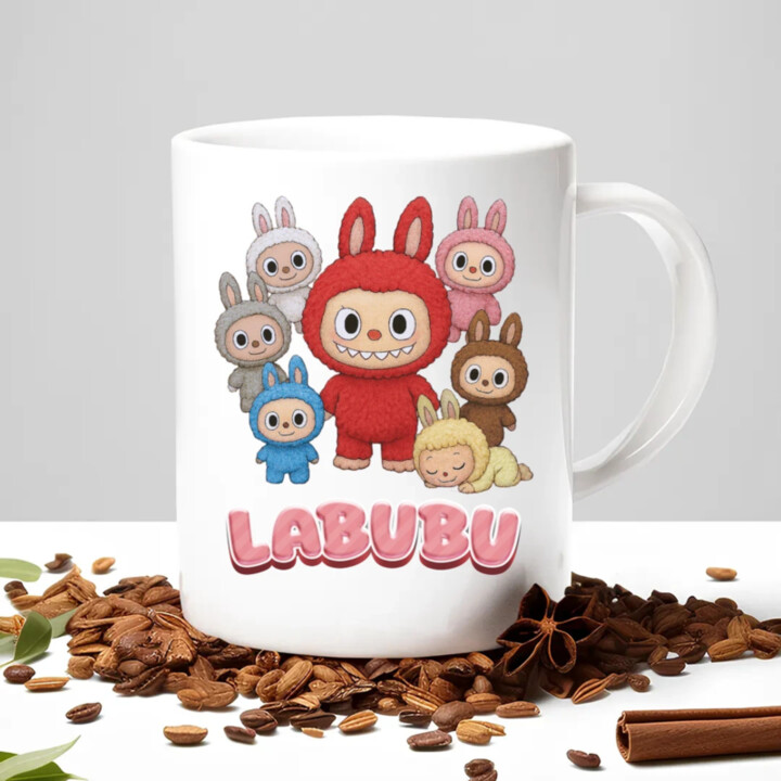 Bábiky Bubu – skupina postavičiek - keramický hrnček s potlačou – darček pre fanúšikov Labubu