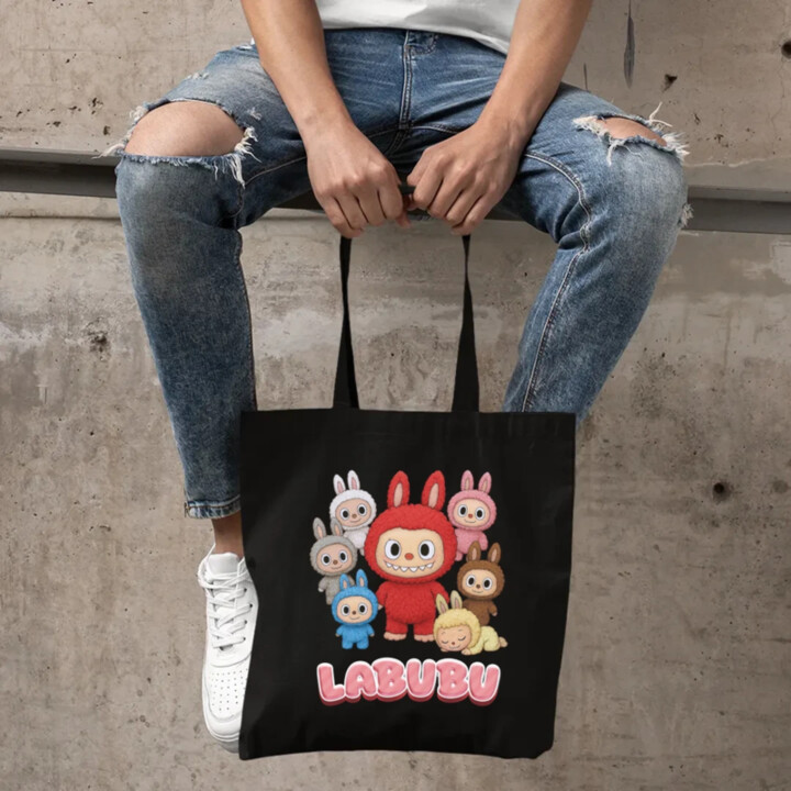 Bábiky Bubu – skupina postavičiek - taška s potlačou – darček pre fanúšikov Labubu