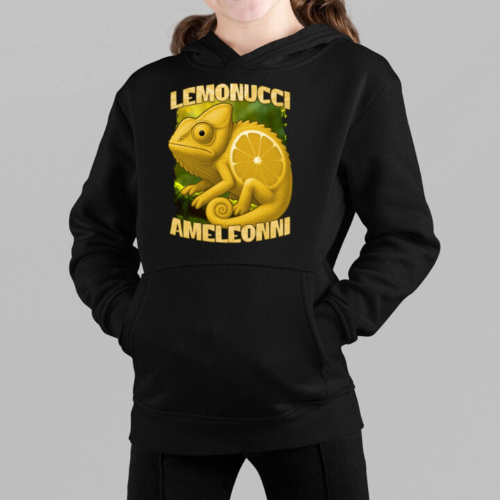 Lemonucci Ameleonni - Italian Brainrot - chameleón citrón - detská mikina s kapucňou