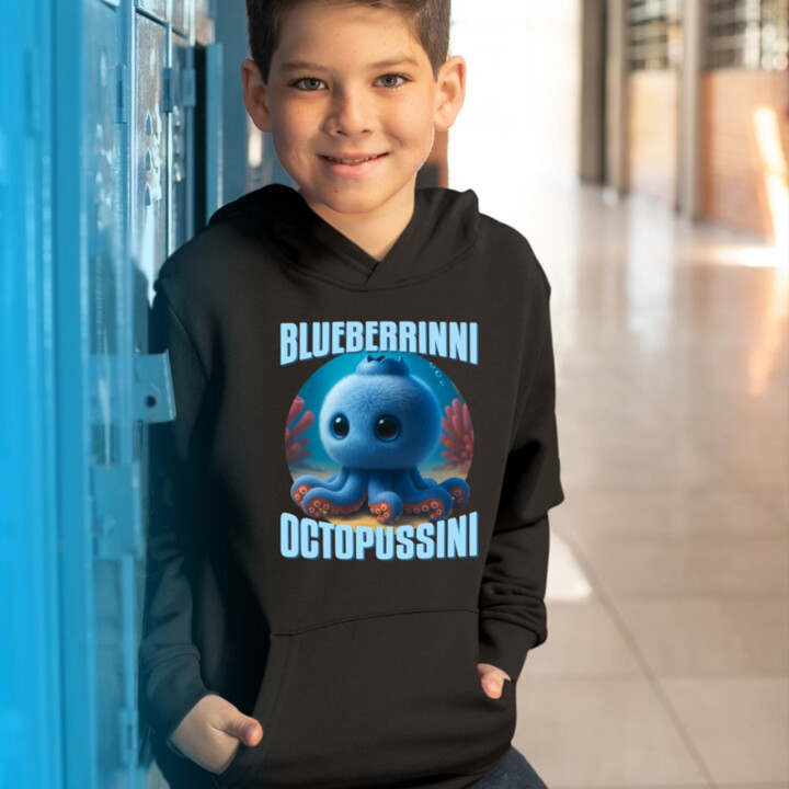 Blueberrinni Octopussini - Italian Brainrot - chobotnica čučoriedka - detská mikina s kapucňou