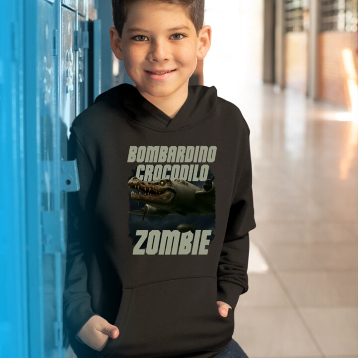 Bombardino Crocodilo zombie - krokodíl bombardér - Italian Brainrot - detská mikina s kapucňou