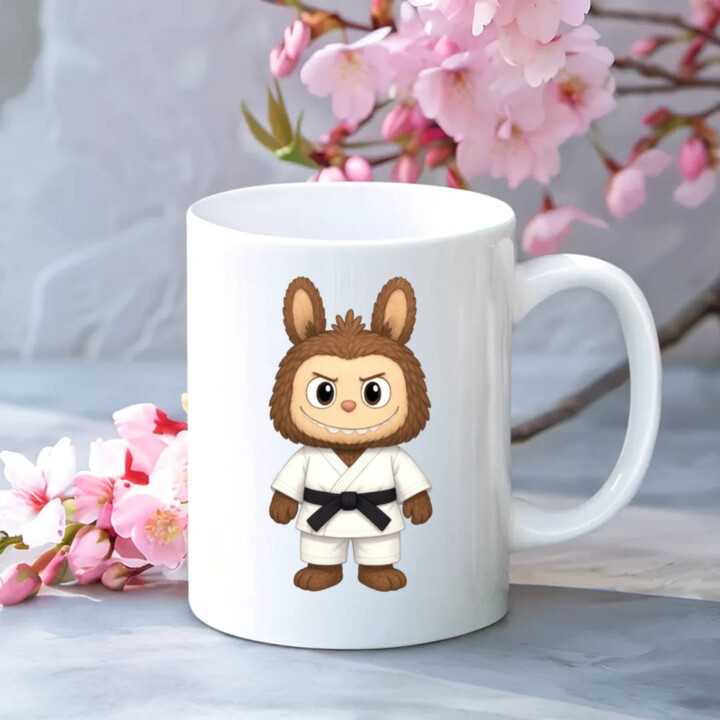Bábika Bubu bojovník bojových umení - keramický hrnček s potlačou pre fanúšikov Labubu 
