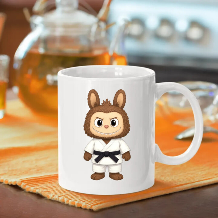 Bábika Bubu bojovník bojových umení - keramický hrnček s potlačou pre fanúšikov Labubu 