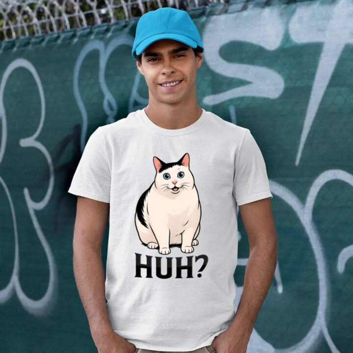 Huh? - biela mačka - pánske tričko s potlačou