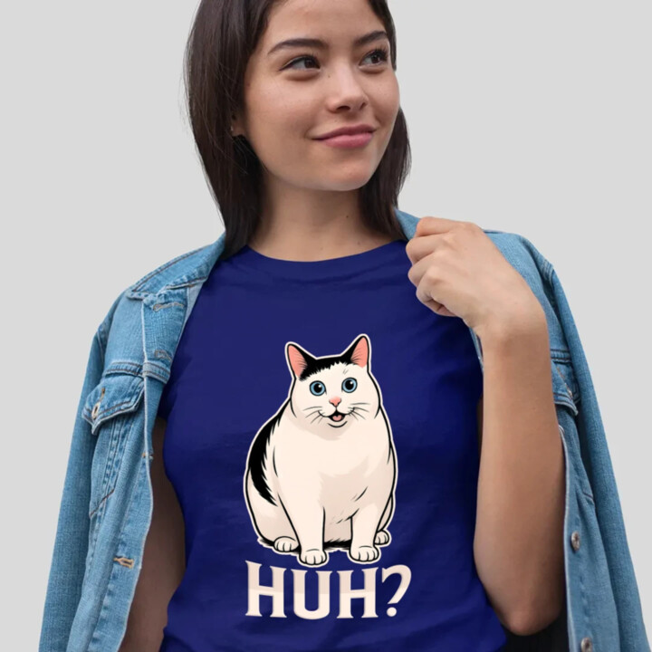 Huh? - biela mačka - dámske tričko s potlačou