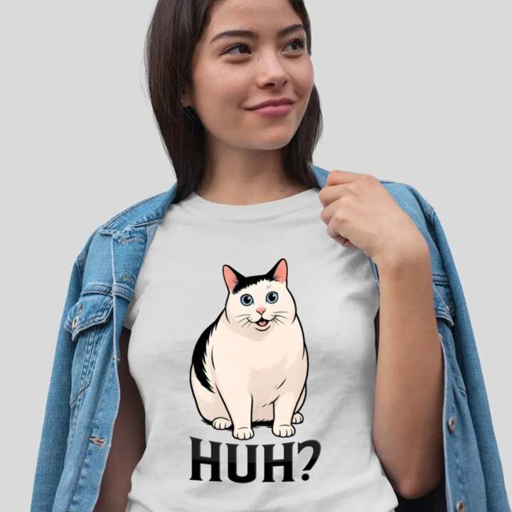 Huh? - biela mačka - dámske tričko s potlačou