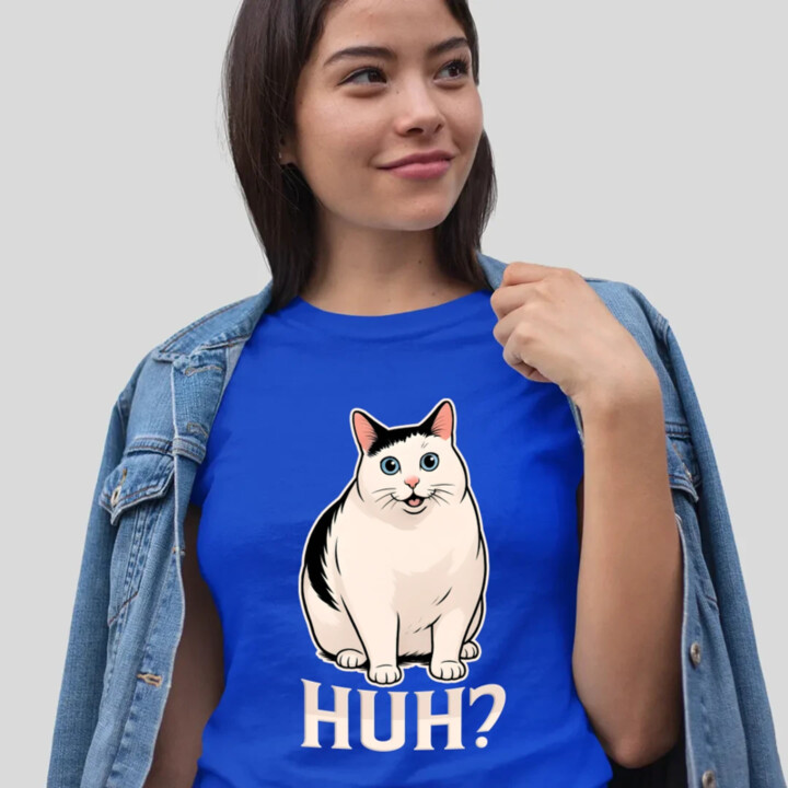Huh? - biela mačka - dámske tričko s potlačou