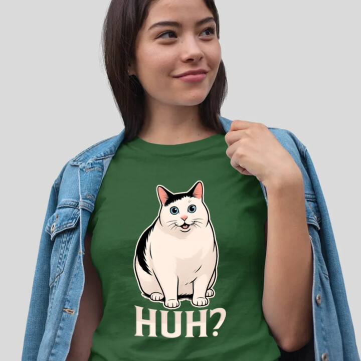 Huh? - biela mačka - dámske tričko s potlačou