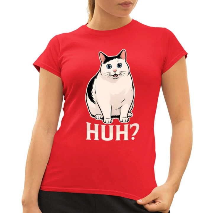 Huh? - biela mačka - dámske tričko s potlačou