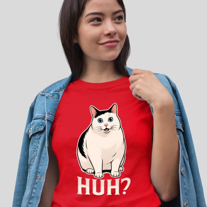 Huh? - biela mačka - dámske tričko s potlačou