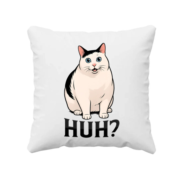 Huh? - biela mačka - vankúš s potlačou