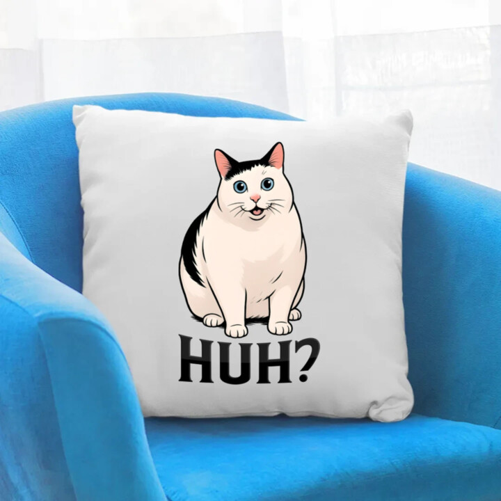 Huh? - biela mačka - vankúš s potlačou