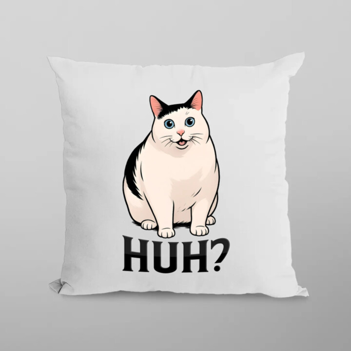 Huh? - biela mačka - vankúš s potlačou