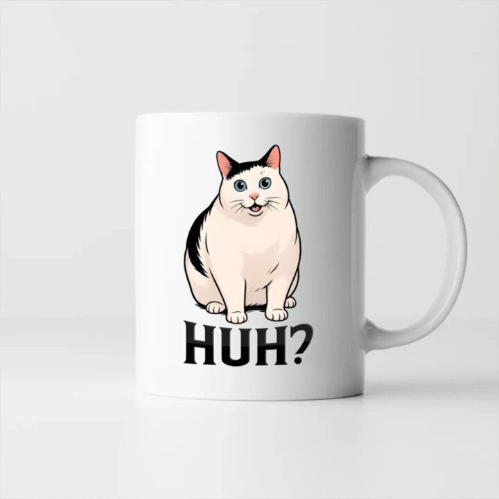 Huh? - biela mačka - keramický hrnček s potlačou