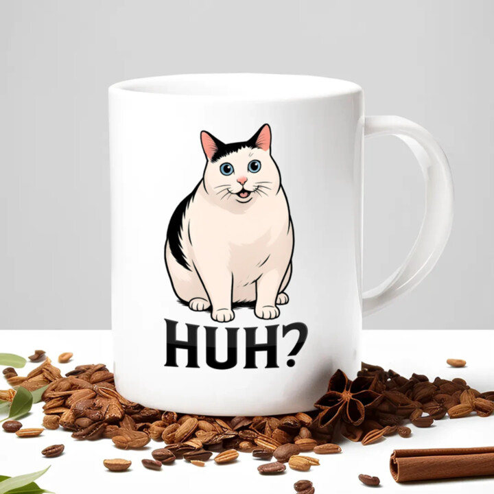 Huh? - biela mačka - keramický hrnček s potlačou