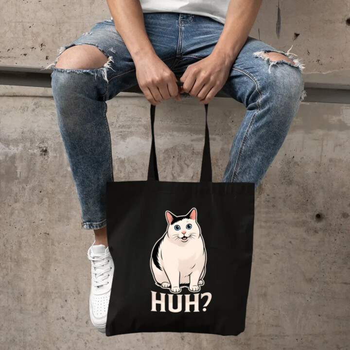 Huh? - biela mačka - taška s potlačou