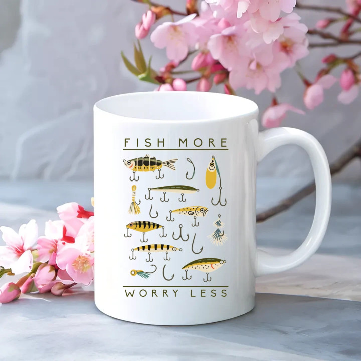 Fish more, worry less - keramický hrnček s potlačou