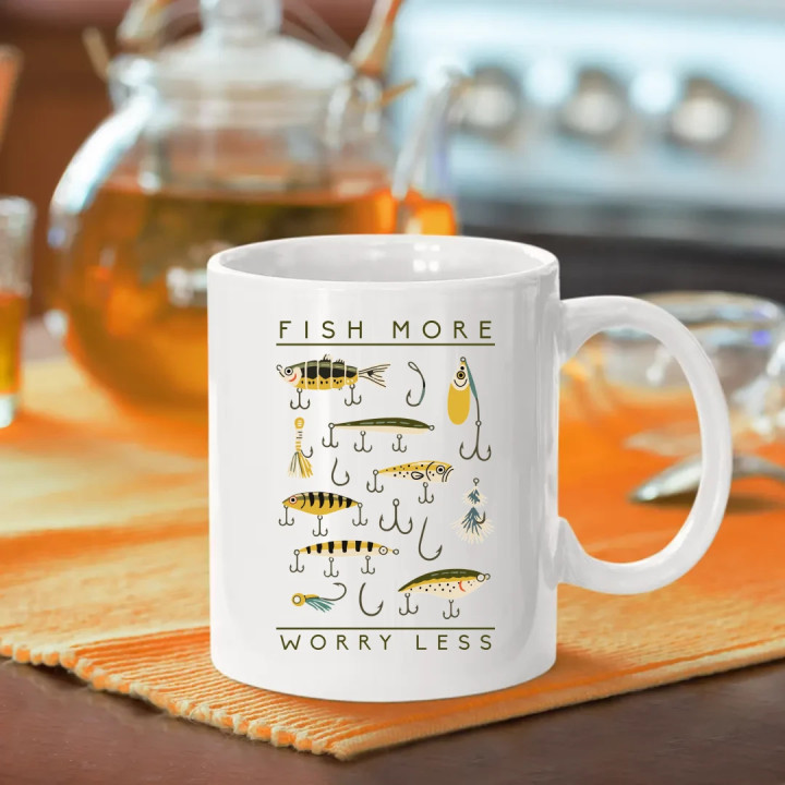 Fish more, worry less - keramický hrnček s potlačou